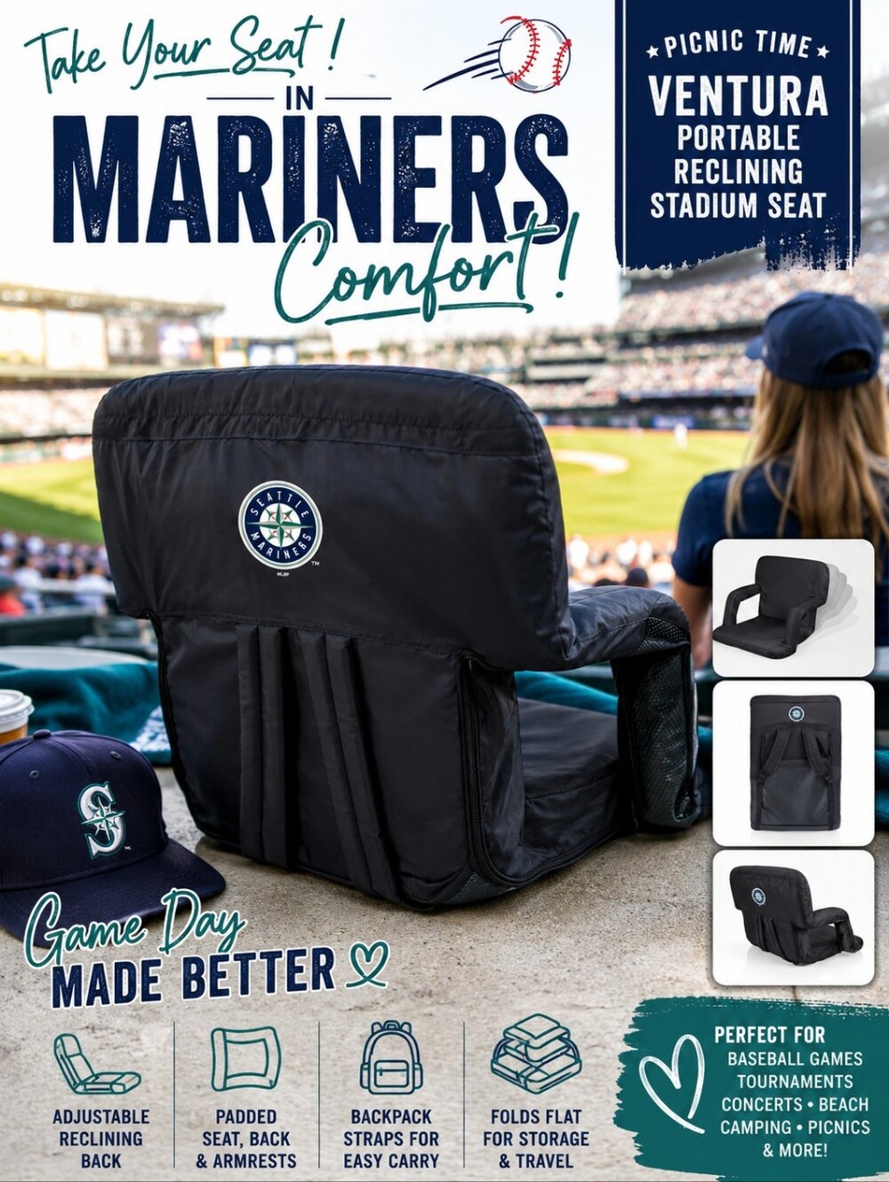 MLB Seattle Mariners Ventura Portable Reclining Stadium Seat